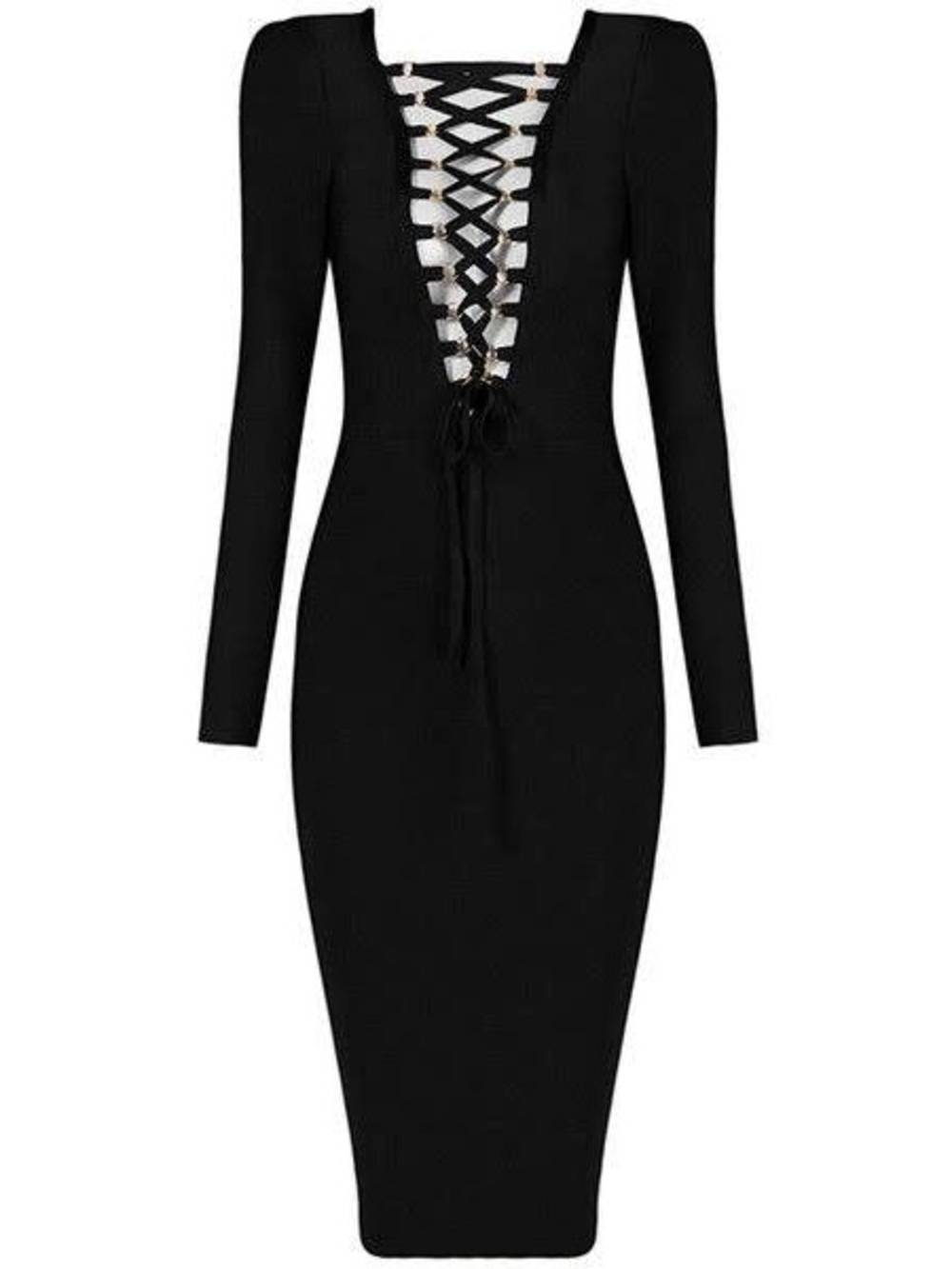 LE DÉBUT EXCLUSIVE 🆕 Nina Front Lace Gold Accent Bodycon Black Dress 👗 SMALL